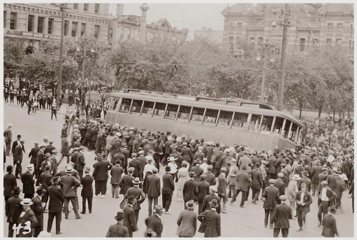 An overturned streetcar in Winnipeg that became a symbol of the general strikes.